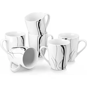 Ceramic Coffee Mugs Set of 6, 11 OZ Coffee Cups Set with Handle, White Mugs Set Porcelain Cup Set for Kitchen, Microwave Dishwasher Safe, Series Fiona