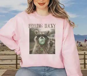 Feeling Lucky Funny Vintage Photo Raccoon St. Patricks Day Crewneck Sweatshirt, Retro Irish Sweater for St. Paddy's Day Shirt, Coquette St Patty's Day, St Patricks Gift