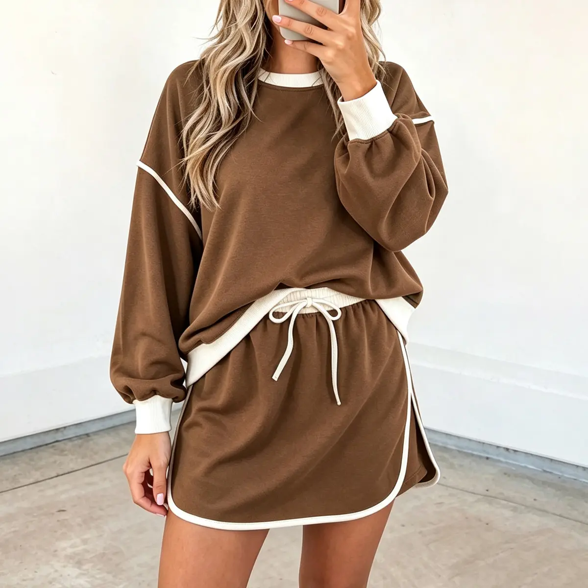 MULLVEIG Women's Loose-Fit Sweatsuit Set, 2-Piece Solid Poly-Cotton Athleisure Street Fit Outfit with Long Sleeve Shirt and Skort