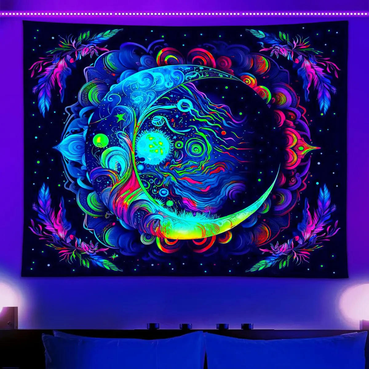 UV Reactive Glow in the Dark Tapestry, Bohemian Fluorescent Tapestry,  1 Count Moon Mandala Tapestry,Wall Hanging Decor for Home Living Room Bedroom