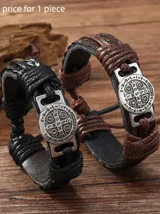 Leather Braided Bracelet Set, Vintage Bohemian Jewelry with Religious Medal & Adjustable Knot Design for Men's Daily & Streetwear, Boho Style Bracelet