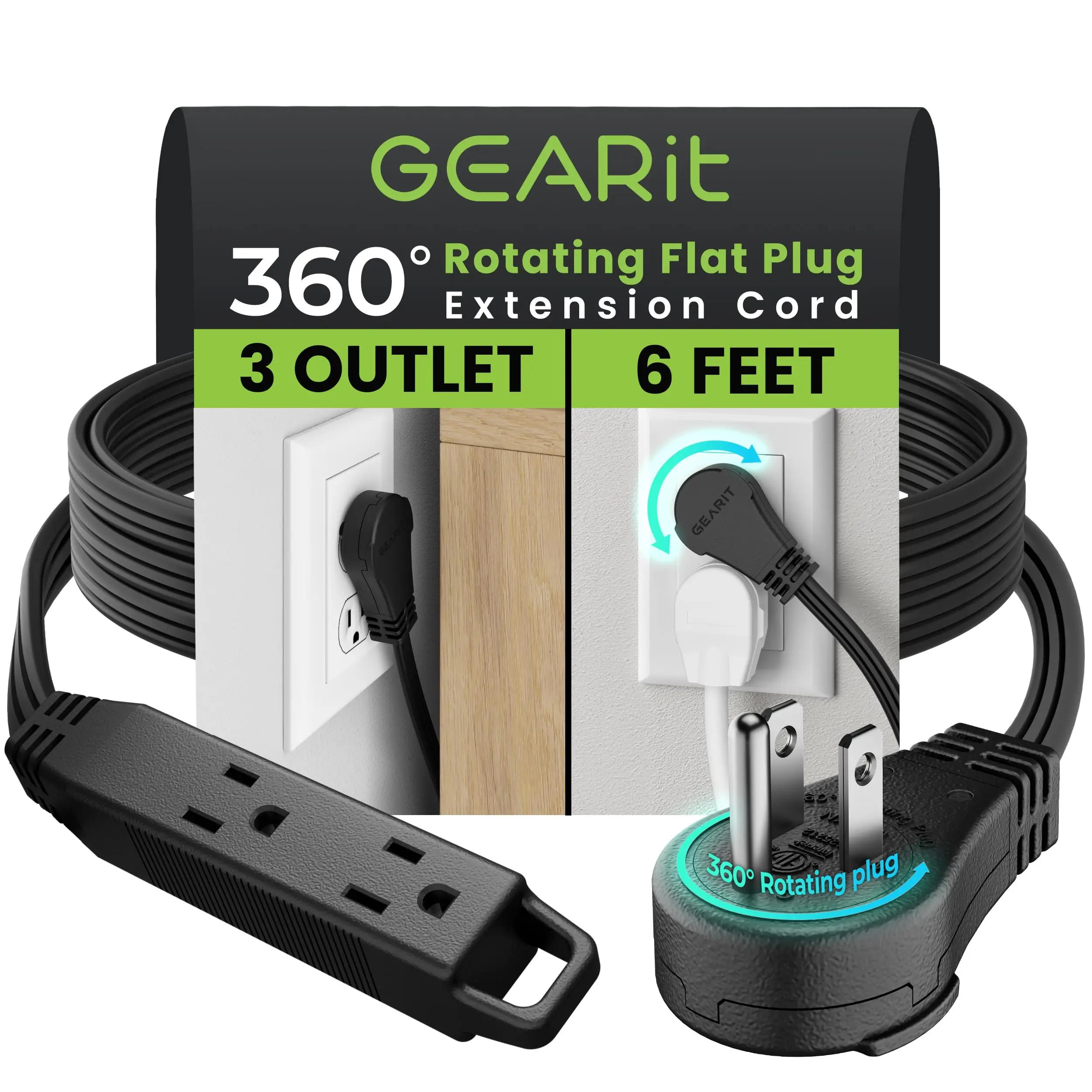 GearIt 360° Rotating Flat Plug Adapter Socket Extender, 1625W 125V Multi-Device Plugs Extension Cord, ETL Certified Tight-Space Fit for Indoor Home Entertainment Systems Electrical Needs
