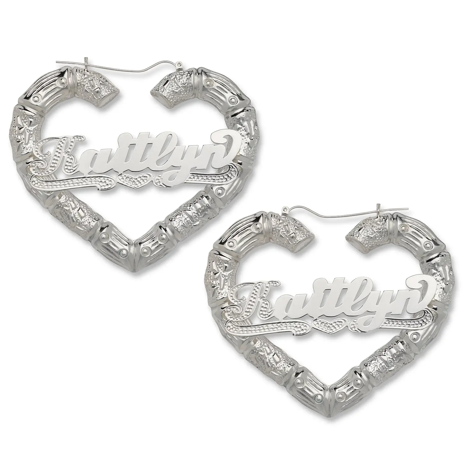 Women's BETTER JEWELRY Personalized Heart Shape Bamboo Hoop Earrings, Vintage Silver Diamond-Cut Nameplate Earrings for Females (Extra Large & Large Sizes), Heart Shape Earrings