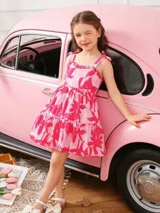 3-In-1 Toddler Outfit For Birthday/Picnic/Outings! Barbie Pink Abstract Floral Tiered Cami Dress, Elevate Everyday Sweet Vibe