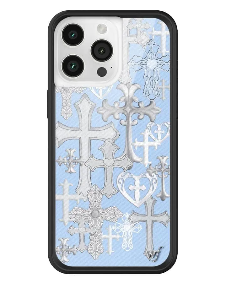 Skull Girl | Limited Edition Trendy iPhone Case | Raised Protective Black Bumper | Women Owned Small Business | Baby Blue Background Silver Cross White Heart Cute Aesthetic Design | Safety Casing Protective | Gift for Her