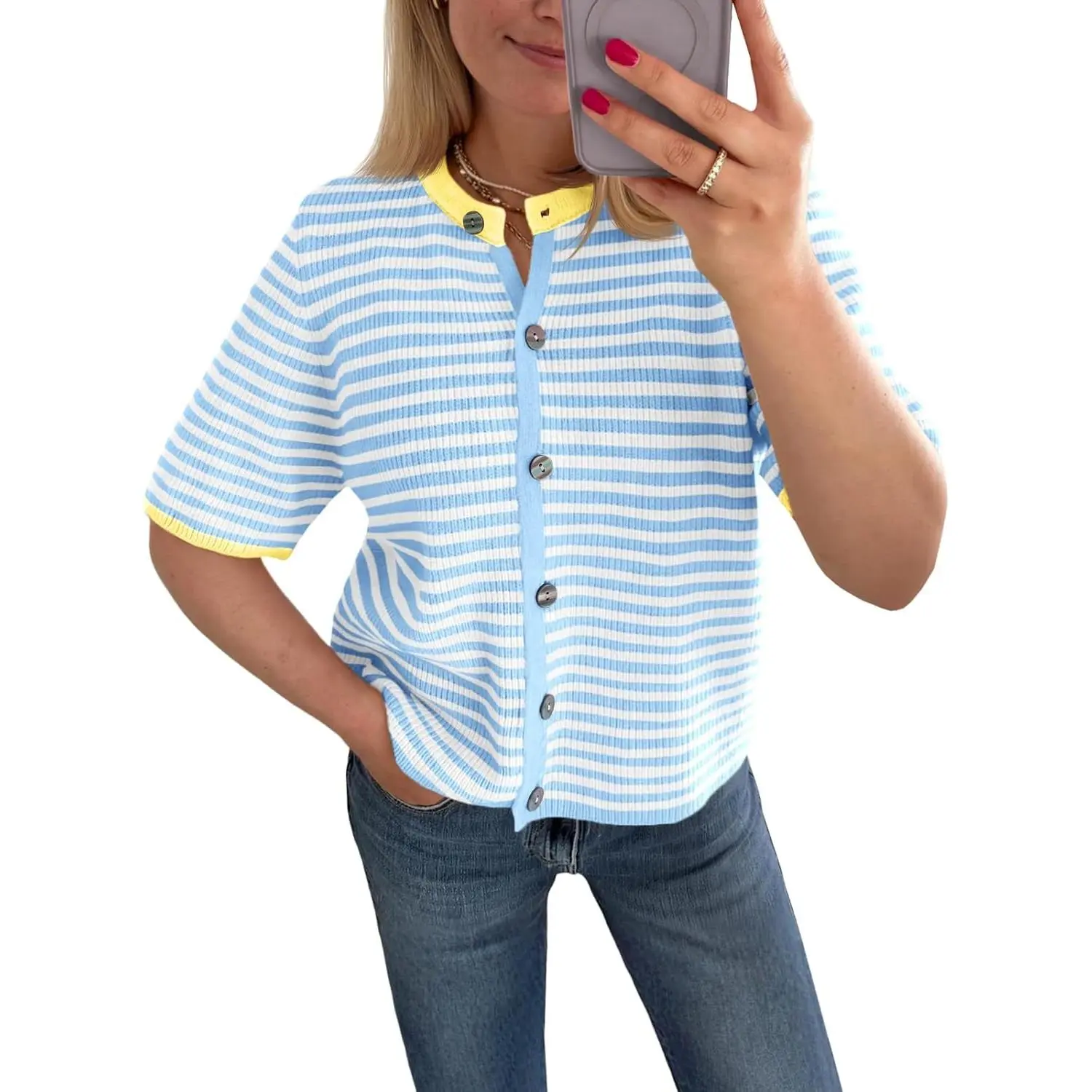 Saodimallsu Women's Striped Cardigan Sweater, Casual Baggy Short Sleeve Knitwear, Crew Neck Button-Down Top with Open Sides, Loose