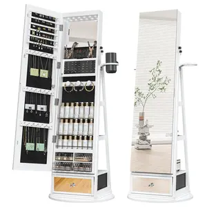 Valentine's Gift for Her  WTFGO Rotating Base Jewelry Mirror Cabinet, Adjustable Lighting, with Full-Length Mirror, Storage Cabinet, Space-Saving, Super Large Storage Space