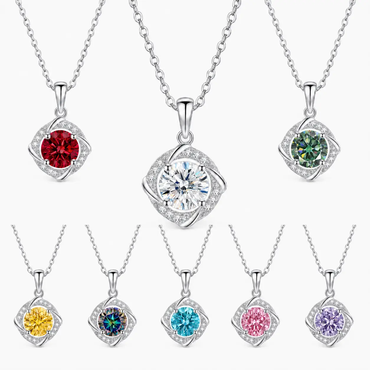 Women's S925 Sterling Silver O-Link Chain 4-Blade Pinwheel Pendant Necklace, 4-Prong & Pave Settings, VVS Round Moissanite, Zircon & Multicolor Moissanite Options, Birthday & Anniversary Gift