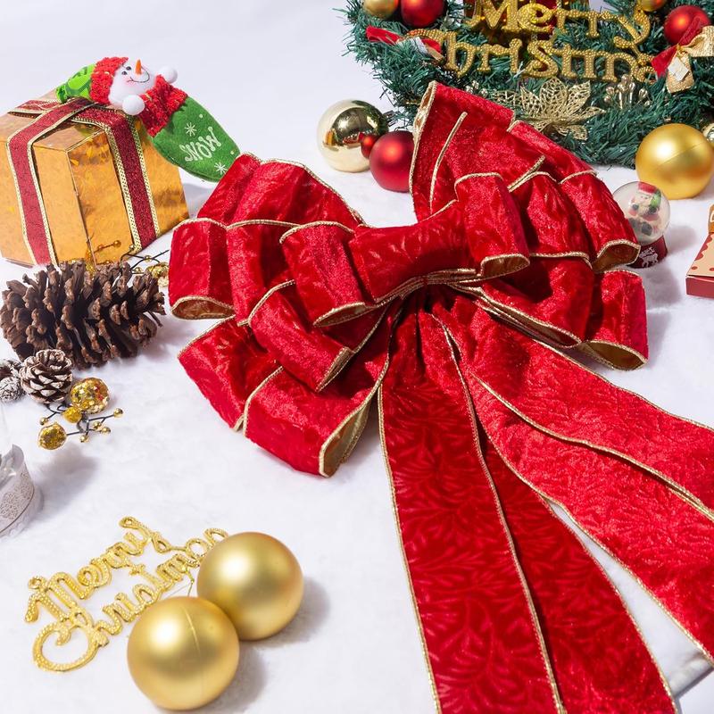 Christmas Tree Topper, 40x13 Inches Toppers Bow with Glitter Satin Mesh Streamer and Patterned Ribbon, Christmas Tree Topper Bow for Christmas Home Decoration (Red & Gold)