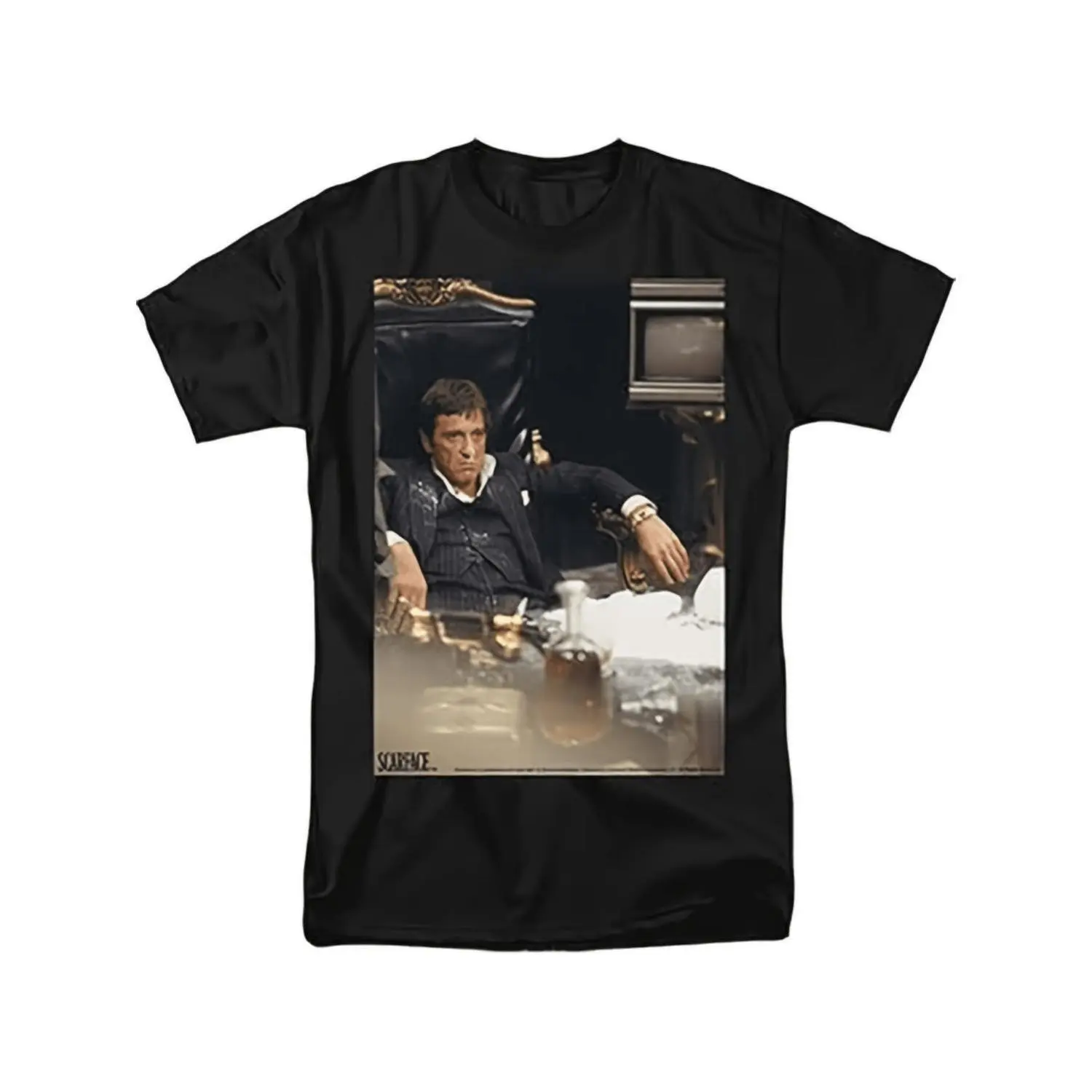 Scarface-Inspired Graphic Tee Featuring Tony Montana Throne & Jewelry Design for Men & Women Scarface-Inspired Graphic Tee Featuring Tony Montana Throne & Jewelry Design for Men & Women