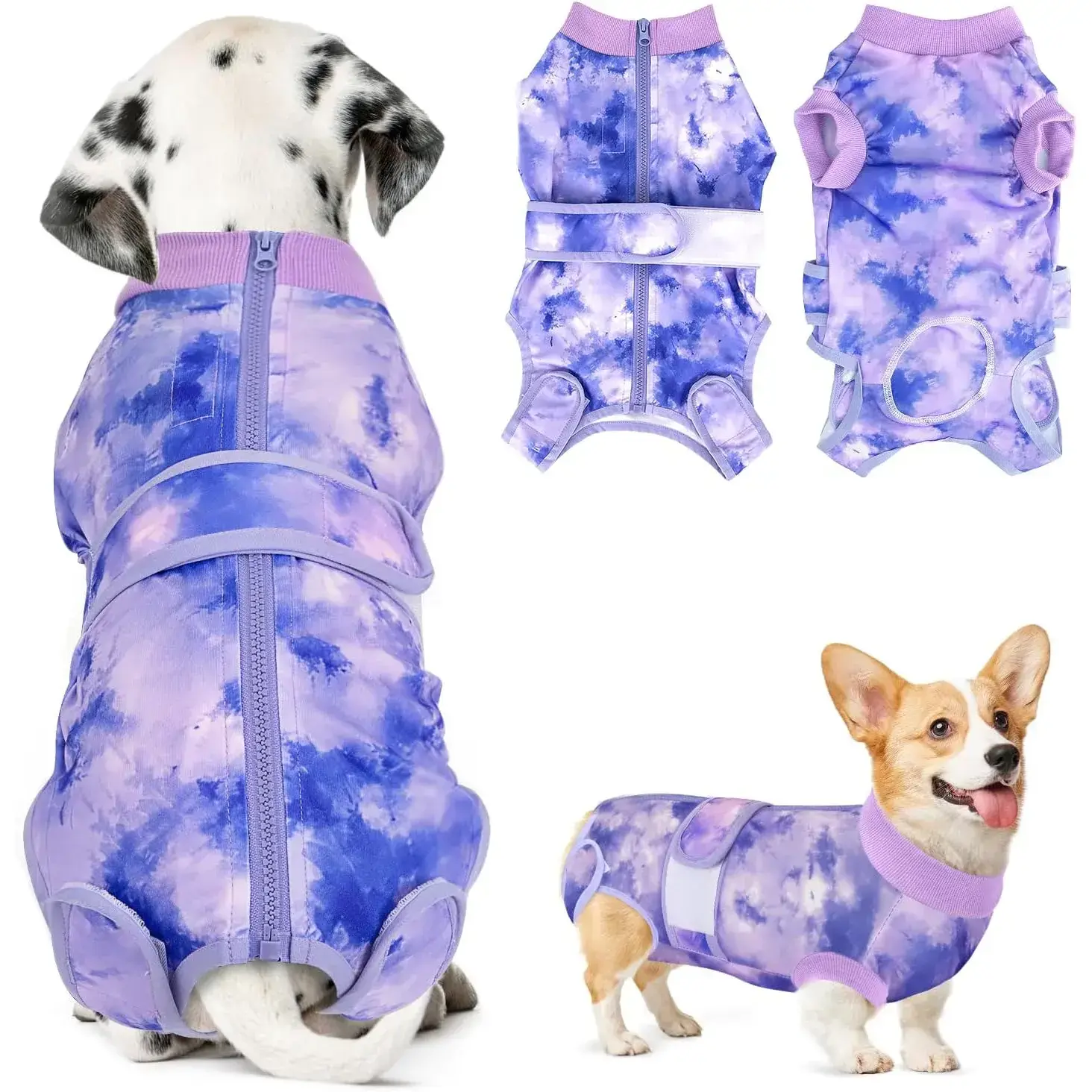 Recovery Suit for Dogs, Zipper On Recovery Suit for Female Male Dog, Onesie Abdominal Wounds Cone E-Collar Alternative Prevent Licking Spay Recovery Suit (Small, Purple Tie-dye)