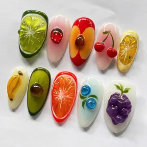3D Fruit Press On Nails, Cute Handmade Fake Nails with Lime, Cherry, Grape, Banana, Orange, Strawberry for Summer Party, Gift, Vacation