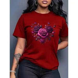 100% Cotton T-Shirt Dark Night Purple Rose Print Casual Round Neck Women's Short Sleeve Top