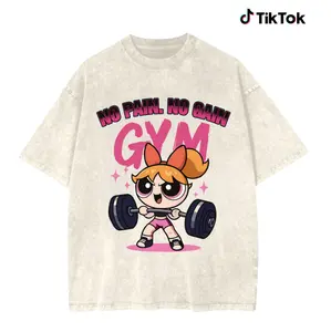 No Pain No Gain Powerpuff Gym Tee, Aesthetic Fitness Pump Cover, Retro Cartoon Workout Tshirt, Short sleeve Casual Top Womenswear
