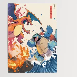 (Poster) Charizarddd vs Blastoise, Japanese TapestryP0kem0n Art Ukiyo-E Inspired  Anime Wall Art Japanese Wall Art