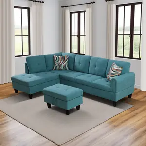 Teal Blue Plush Fabric 3-Piece Living Room Sofa Set, Comfortable Oversized Seating with Soft Fluffy Upholstery, Durable Sturdy Frame, Ideal for Apartment and Contemporary Home Decor