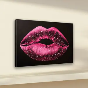 Fashion Black and Pink Lip Print Canvas Art Wooden Frame Wall Decoration, Decorative Artwork, Art Deco Style, Suitable for Living Room, Bedroom, Kitchen|Perfect home and office decoration or gift, suitable for room decor