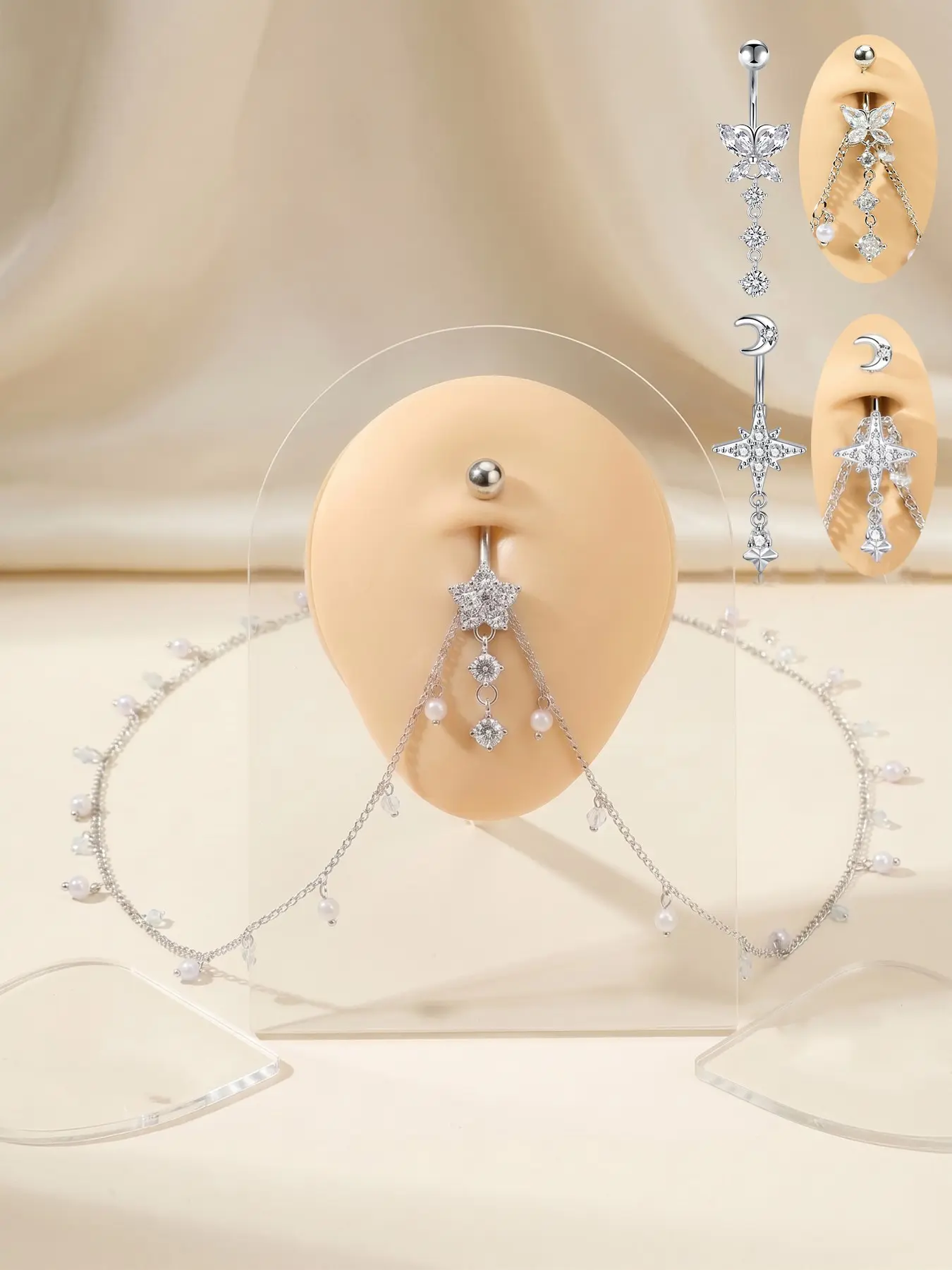 Elegant Cubic Zirconia Belly Button Ring Waist Chain, Adjustable Sexy Body Chain, Summer Beach Party Trendy Accessory for Women, Body Jewelry