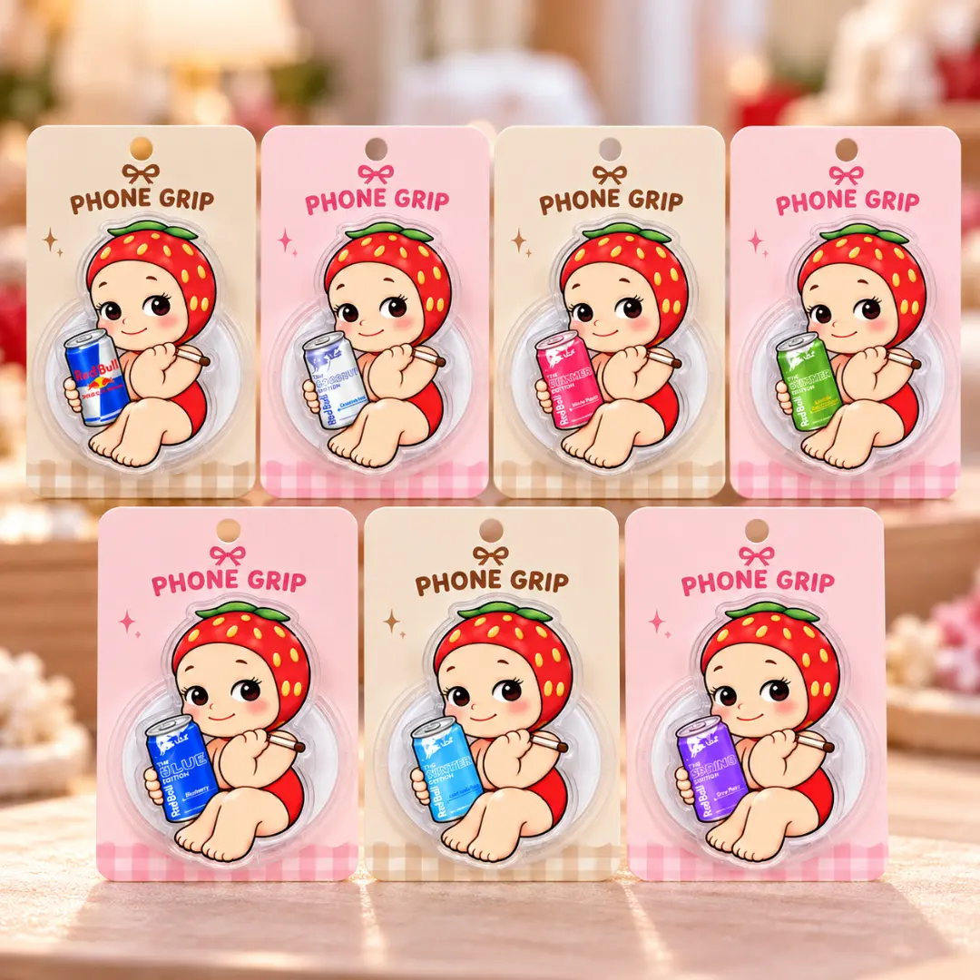 Cute Strawberry Baby Energy Drink Can Acrylic Phone Grip Collapsible Expanding Finger Stand Vintage Soda Can Angel Accessories Gift for Women