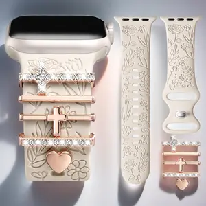 Charm Flower Carved Soft Silicone Band for Apple Watch 38 40 41 42mm – Dressy Floral Strap with Cute Pendant for iWatch Series 1–11 SE