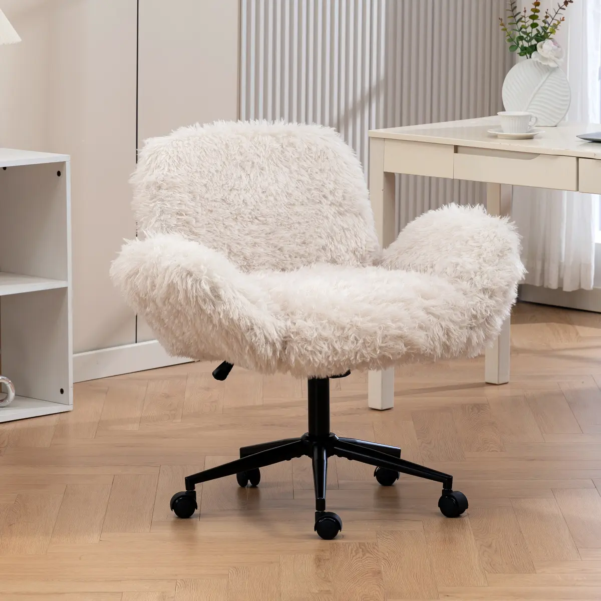Cream Wood Fleece Ergonomic Office Chair - 5-Gear Foldable Armrests, Height Adjust, Thick Backrest, Spin, Wheels, 1-2 sq ft Fit, Space-Saving, Assembly Required, for Home Office Desks & Balconies, Fluffy, Cream Wool Fleece