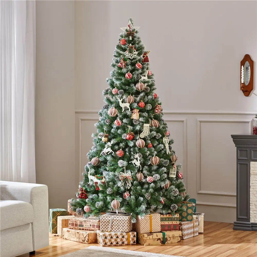 【Pinecone Included】Yaheetech Unlit/Pre-lit Christmas Tree, Snow Flocked Artificial Christmas Tree with 64 Snow Pinecones & 920 PVC Branch Tips & 250 Warm White Lights