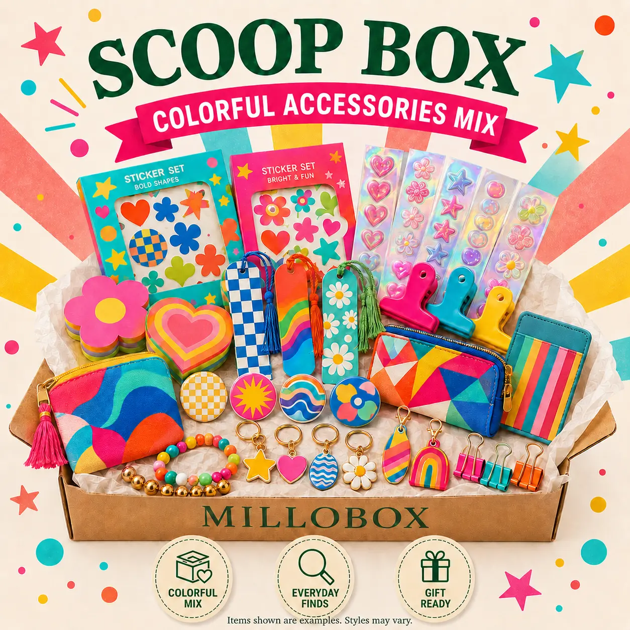 Colorful Scoop Box Gift Set with Stickers, Sticky Notes, Bookmarks, Clips, Pin Badges, Keychain Charms, Pouches, Card Holder and Bracelets, Birthday Christmas Gift for Women