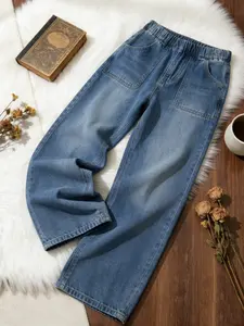 Women's Vintage Elastic Waist Loose Fit Jeans, Wide Leg Womenswear Denim Jeans with Large Pockets, Casual Everyday Daily Wear for Commuting and Shopping, Pants