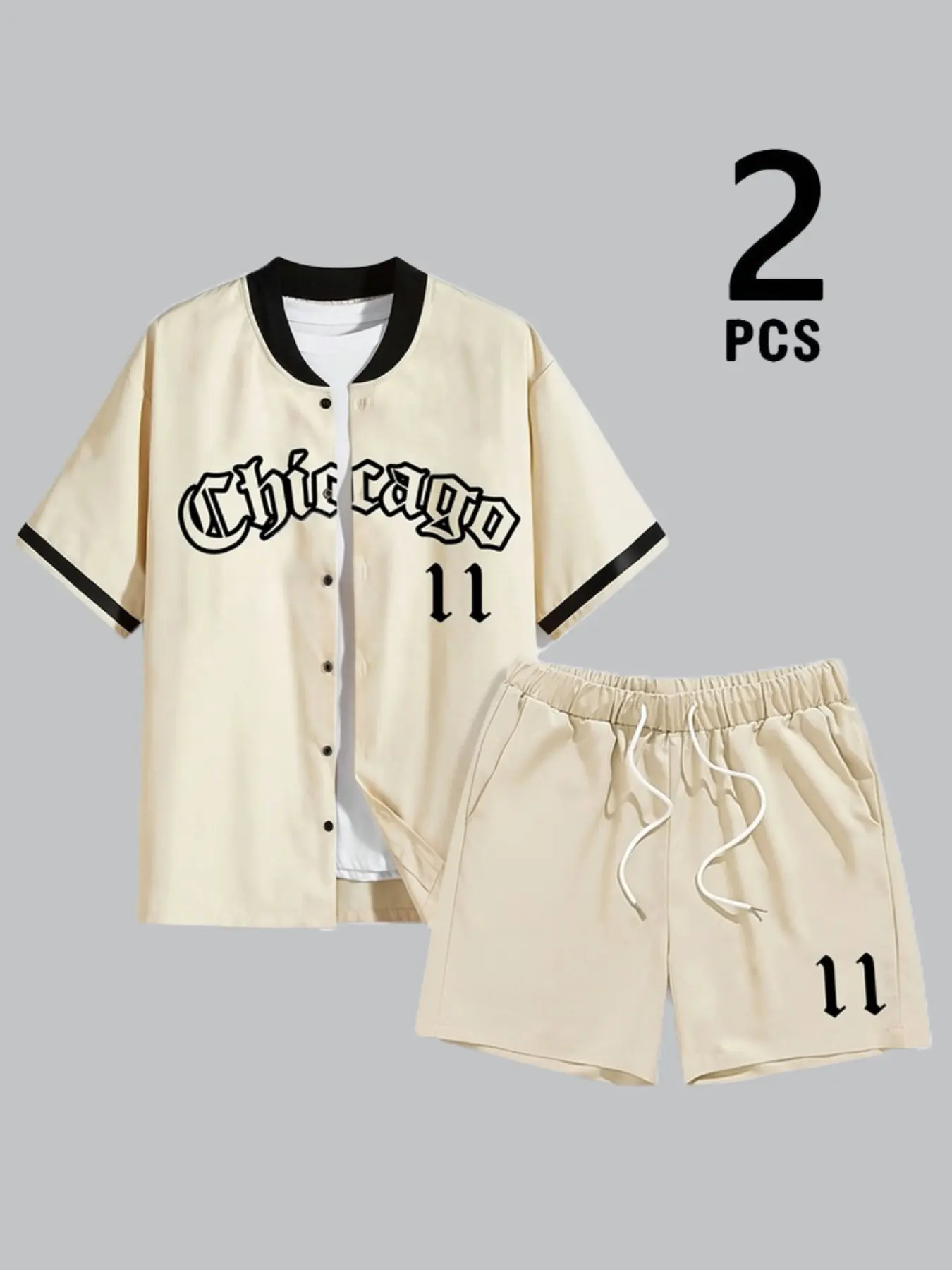 Men's 2 Piece "Chicago 11" Baseball Outfit Set - Short Sleeve Button Down Baseball Jersey & Drawstring Shorts, Y2K Gothic Letter Print Streetwear, Casual Hip Hop Sports Tracksuit for Men