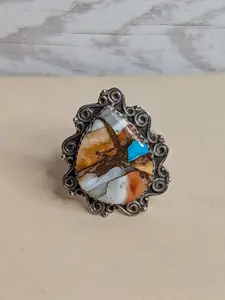 Orange Spiny Turquoise TearDrop Shaped Sterling Silver Adjustable Ring