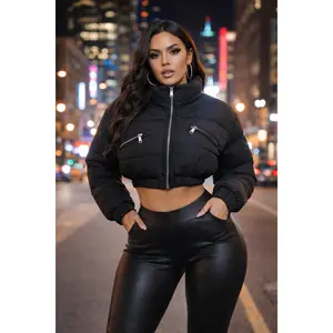 Black Mock Neck Zip Up Cropped Puffer Jacket
