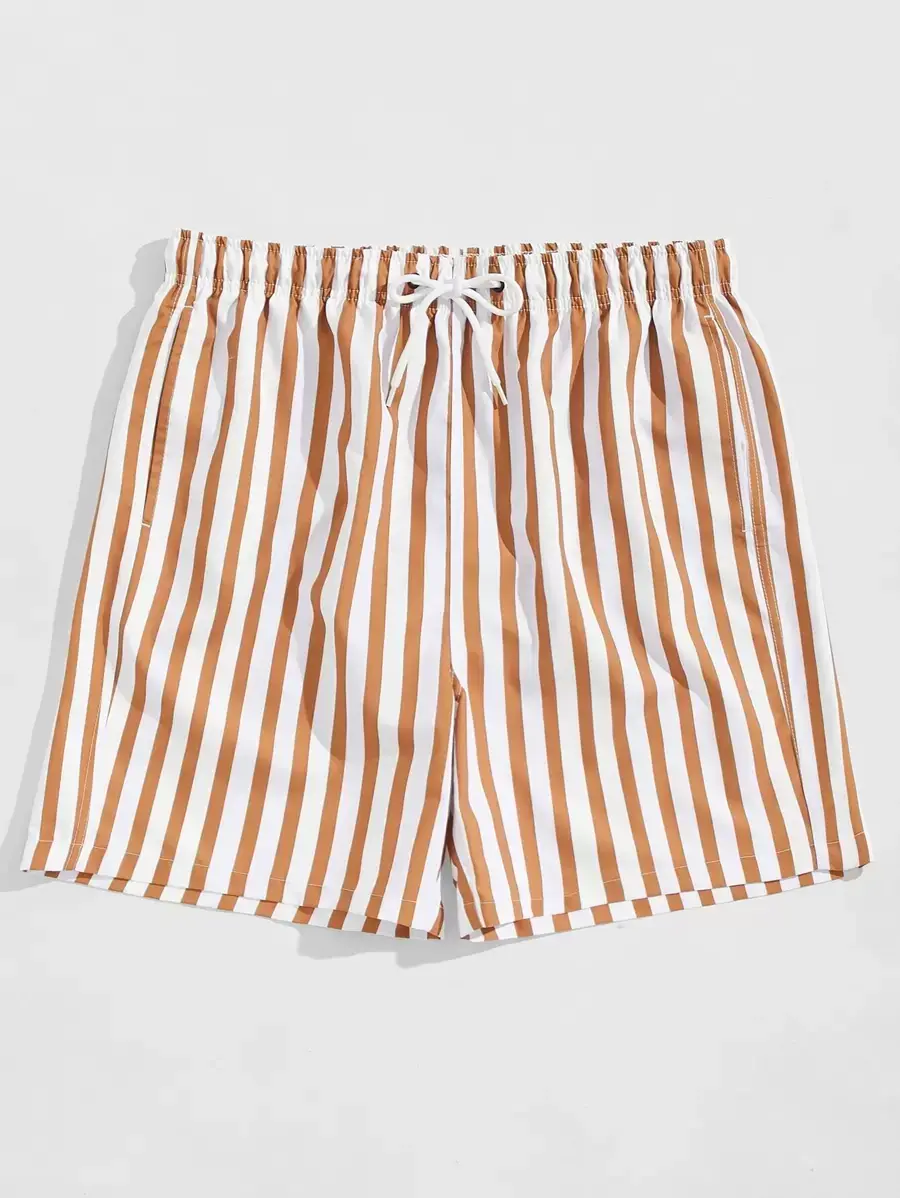 Manfinity Swimmode Swim Trunks For Men Drawstring Waist Security Pockets Lightweight 4-Way Stretch Stripes For Beach Vacation,Resort CasualMulticolor Fabric Non-Stretch Lined Beach Shorts