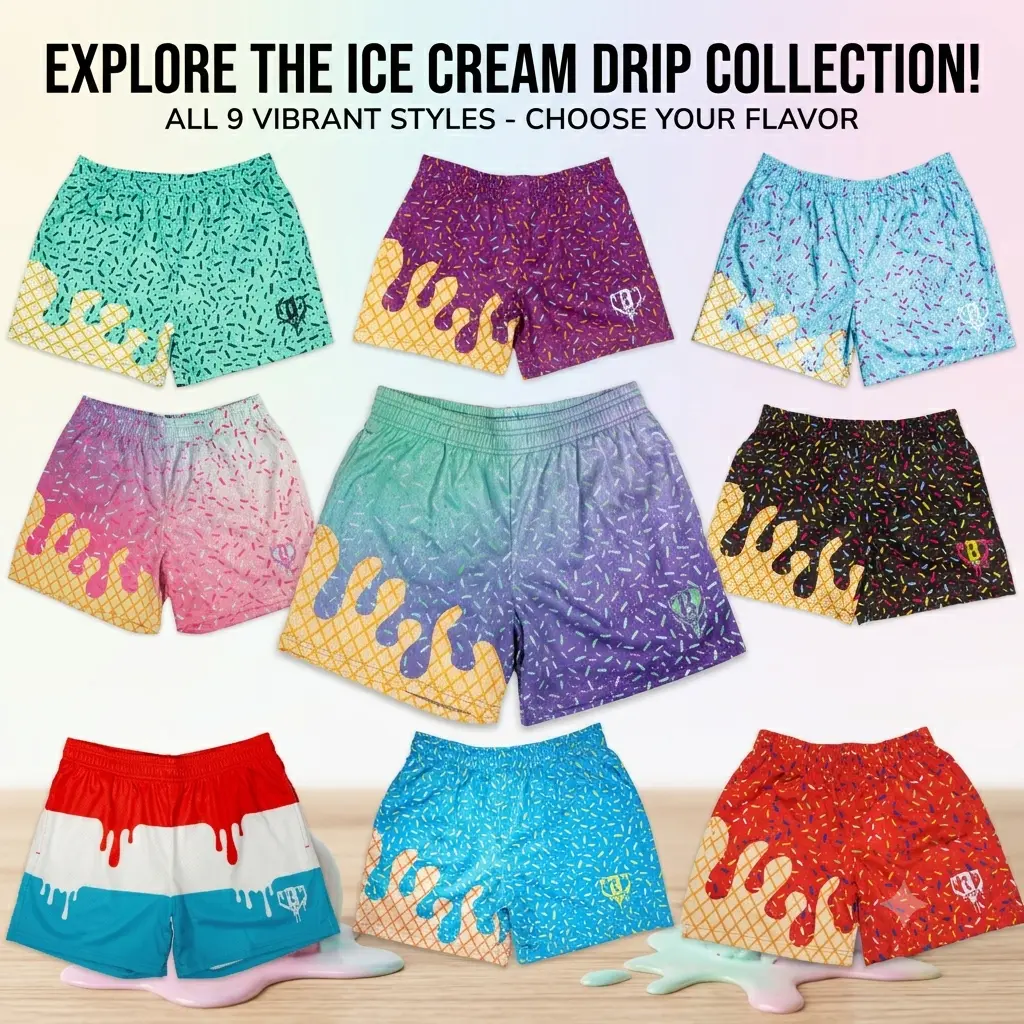 [ Baseball 101 Short ] Graphic Ice Cream Drip Mesh Shorts - Breathable Sprinkles Waffle Cone Basketball Shorts with Pockets for Gym, Summer Streetwear Workout