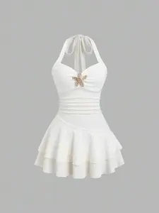 Women's New Summer Dress, Beach Vacation Chic Style, Elegant Fabric, Halter Neck, Front Pleats, Metal Decor, Layered Ruffles, Playful Mini Dress
