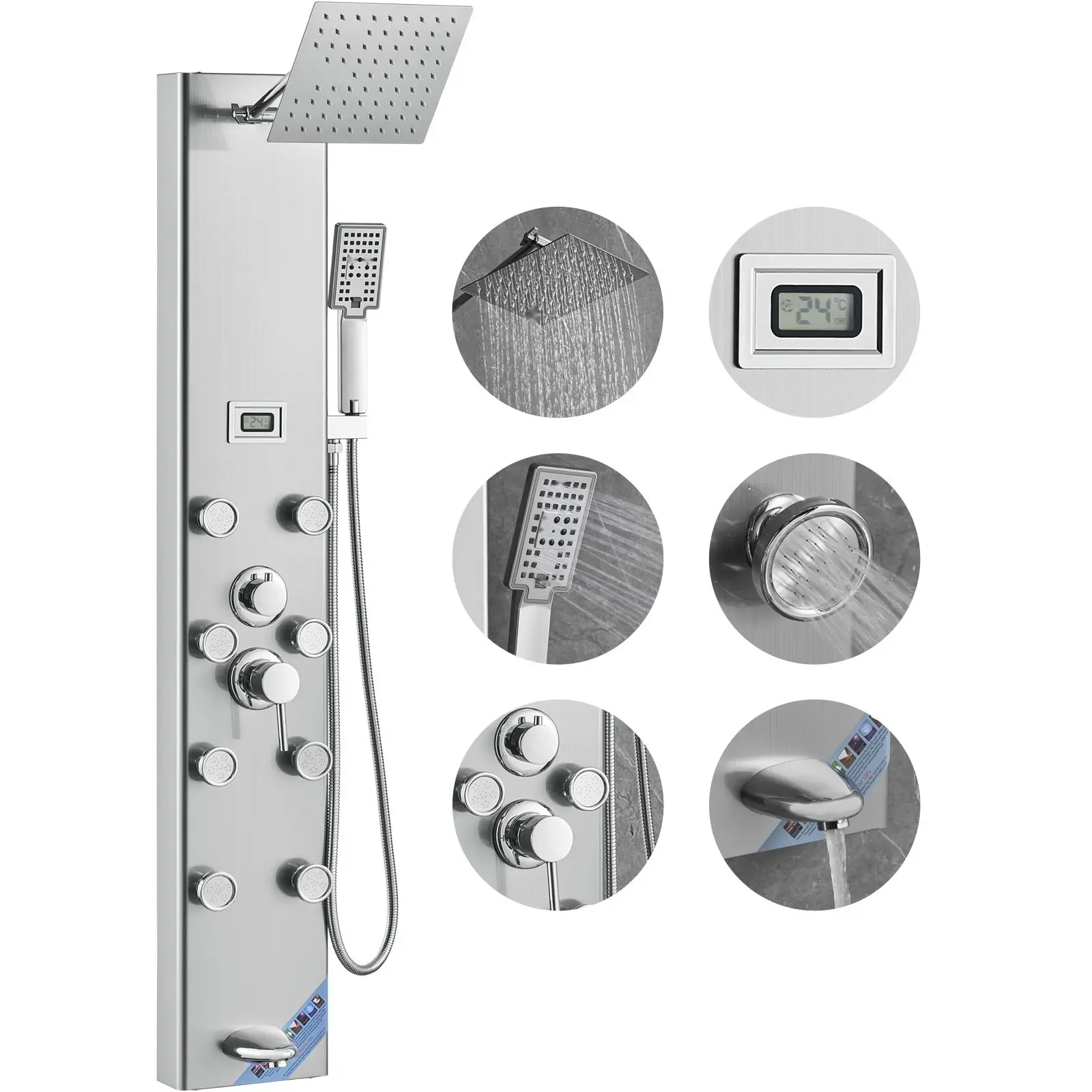 Shower Panel System With Digital Display, 5 Shower Modes, Rainfall, 8 Massage Jets, Tub Spout, 3-Setting Handheld Shower Head With 59-Inch Hose, Stainless Steel, Wall-Mounted Shower Set