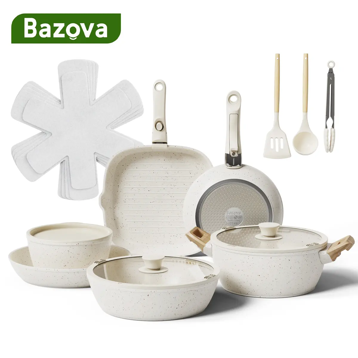 BAZOVA 19-Piece Nonstick Ceramic Cookware Set - Cream White, Detachable Handles, PFAS/PTFE/PFOA-Free, Oven Dishwasher Induction Safe, Skillet for RV Kitchen, Kitchenware