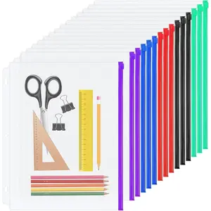3 Holes Clear PVC Zipper Binder Pocket Insert Pages Letter Size, 8 1/2" x 11 Loose Leaf Binder Filing Storage Bags 15 Packs (5 Color)