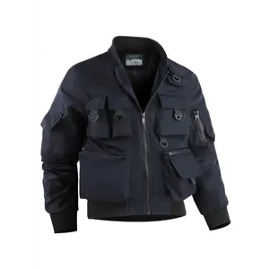 [Tactical Workwear Jacket] Heavy-Duty Men's Tactical Jacket - Multi-Pocket Navy Blue Coat with Zippered Closure | Non-Stretch Fabric for Outdoor, Construction, Security Stand Collar & Flap Pockets Spring/Fall Casual