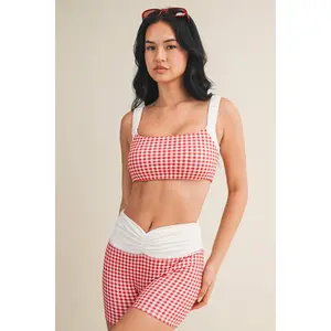 Red Gingham Scrunched Strap Sports Bra