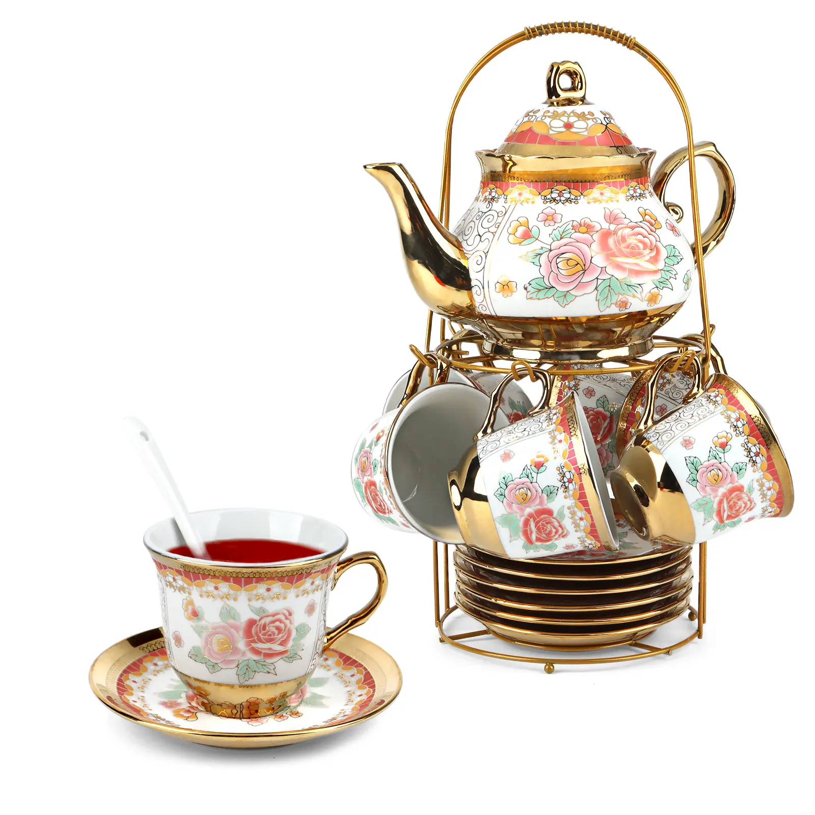 20-Pack Sturdy Porcelain Cup Tea Set with Metal Holder, Spoon, European Flower-Painted Teapot, Cups and Saucers - Ceramic Tea Party Set for Social Gatherings, Cup Tea Sets