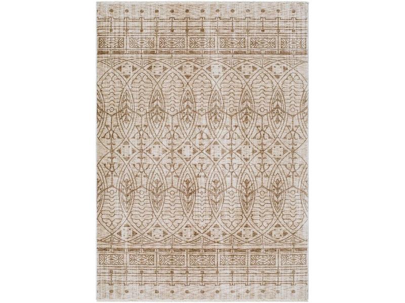 Livabliss Usonia Machine-Woven 2-Tone Fringe Rectangle Area Rug - USO2305-32411, 3' 2" x 4' 11", High-Traffic Indoor-Use, Medium Pile, Polyester Face, White & Brown Accents, Machine Made Area Rugs