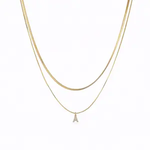 Unisex Golden Alphabet Necklace Set - Stainless Steel Blade Chain, Flat Snake Bone Chain, Zircon Microinset Artificial Gemstone Jewelry