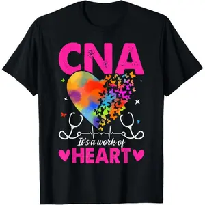CNA It's a Work of Heart" Medical Graphic T-Shirt, Rainbow Heart Butterfly Print Tee, Classic Crew Neck Shirt, Healthcare Casual Short Sleeve Top, Trendy Nurse Aide Aesthetic Cotton Tee for CNAs, Medical Workers and Healthcare Heroes