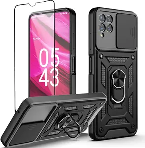 Phone Case for T-Mobile REVVL 6X Pro 5G Case, REVVL 6X Pro 5G Case with Stand Kickstand Ring and Camera Cover with Tempered Glass Screen Protector, Military Grade Shockproof Protective Cover (TC-Black)