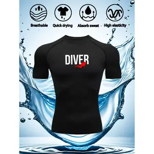 2026 Original New Men's Quick-Dry Compression Sports Shirt - Moisture-Wicking Fitness Top, DIVER Letter Pattern, High Elasticity and Breathable Short Sleeve for Training, Running, Cycling, Yoga and Outdoor Activities, Sporty Style, Slim Fit