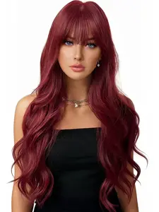 26Inch 99J Red Wine Long Wavy Wig with Bangs, Adjustable Rose Net Caps and High-Temperature Resistant Synthetic Wigs, Perfect for Daily Wear & Parties for Women