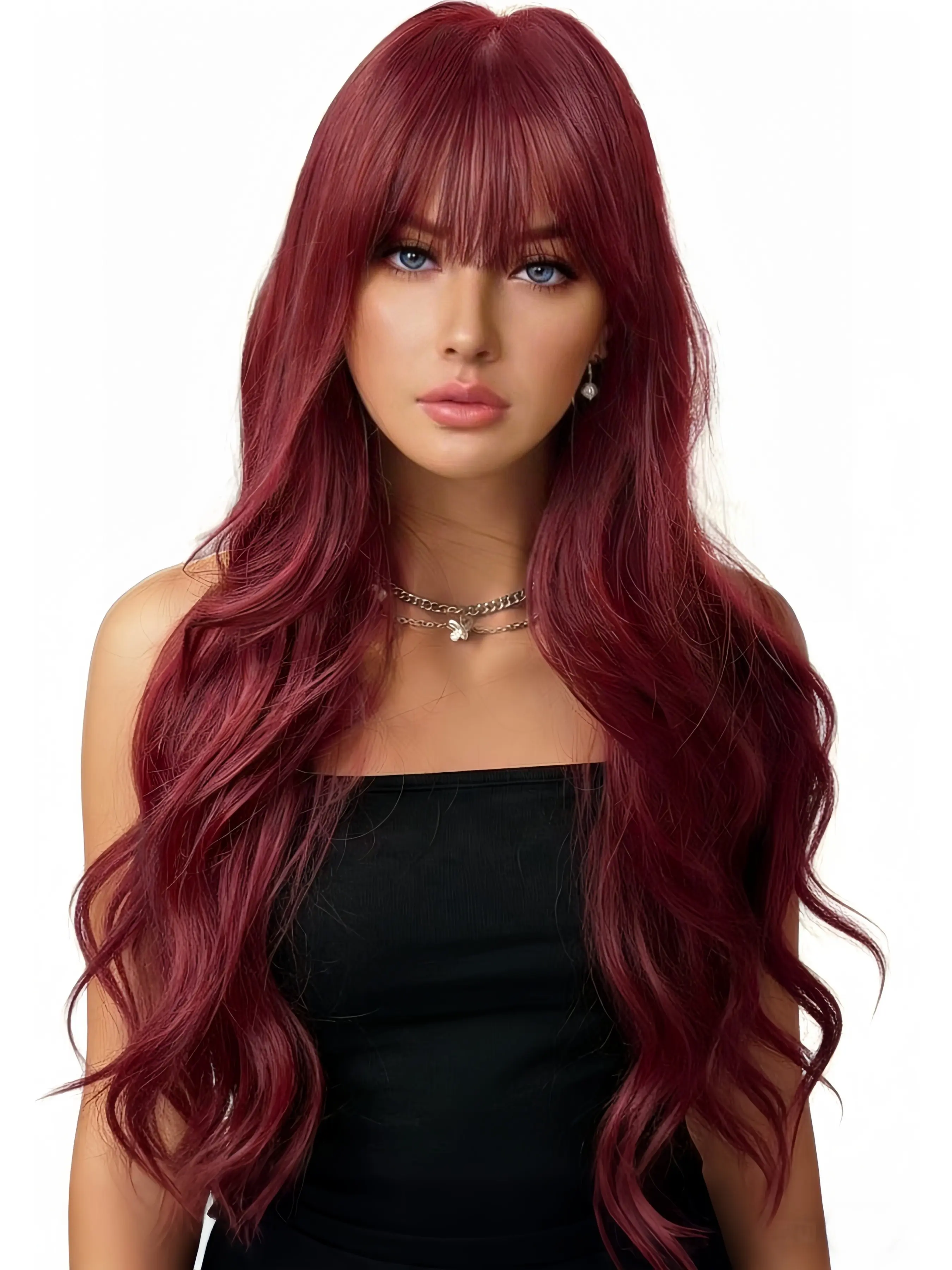 26Inch 99J Red Wine Long Wavy Wig with Bangs, Adjustable Rose Net Caps and High-Temperature Resistant Synthetic Wigs, Perfect for Daily Wear & Parties for Women, Synthetic Hair Wig