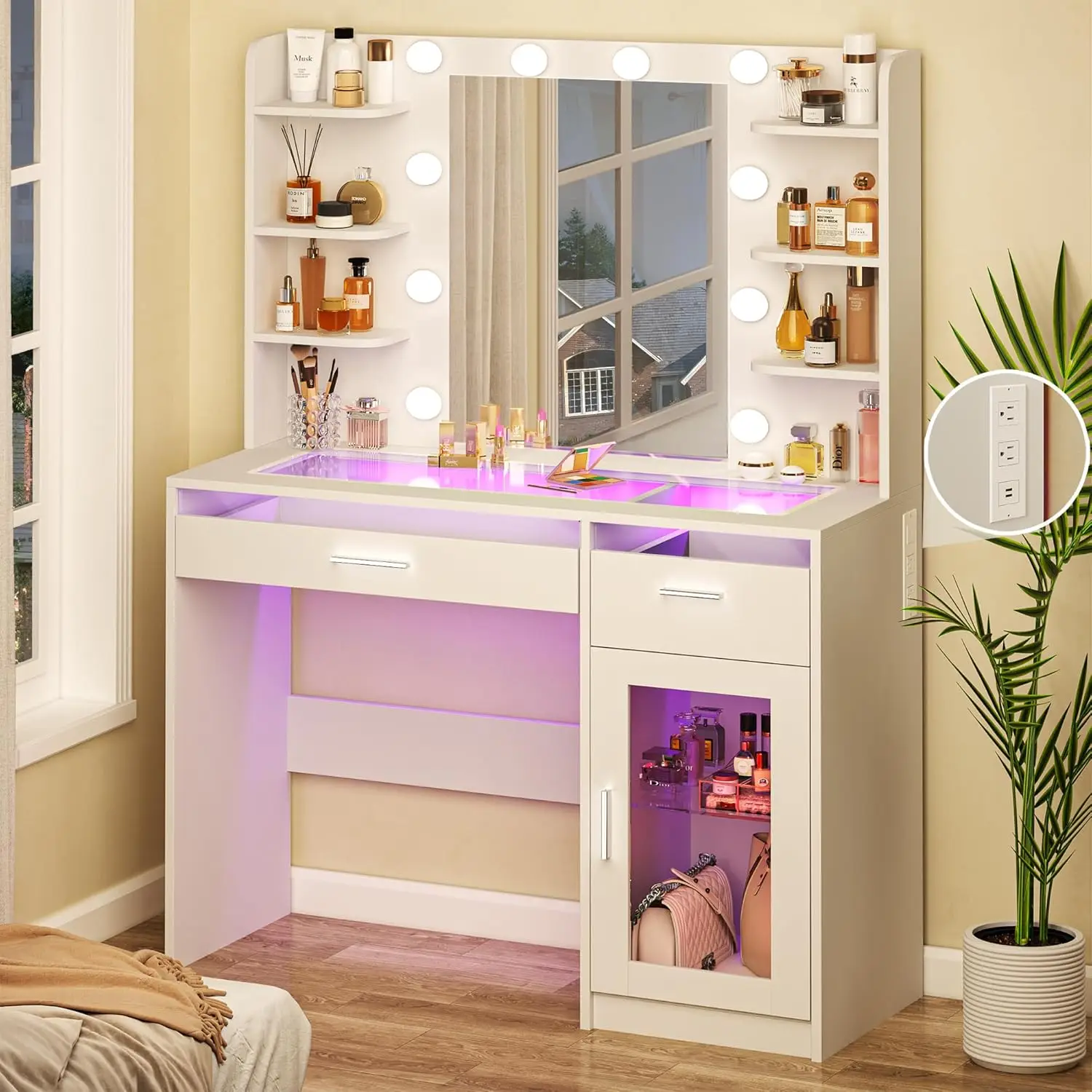 Vanity Desk with Mirror and Lights, Makeup Vanity Desk with Lights 3 Colors, Transparent Top Vanity with 2 RGB Drawers, 6 Shelves, Large Tempered Cabi