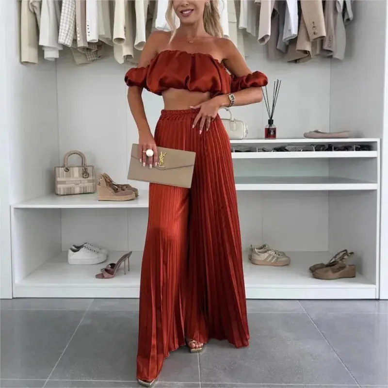 Casual Strapless 2 Piece Set for Women, Ruched Ruffle Tube Top with Stretchy Pleated Wide Leg Full-Length Pants, Two Piece Sets