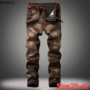 Men's Vintage Slim Straight Leg Jeans Tie Dye Pleated Biker Denim Casual Pants High Waist Oversized Fit Full Length Zip Fly